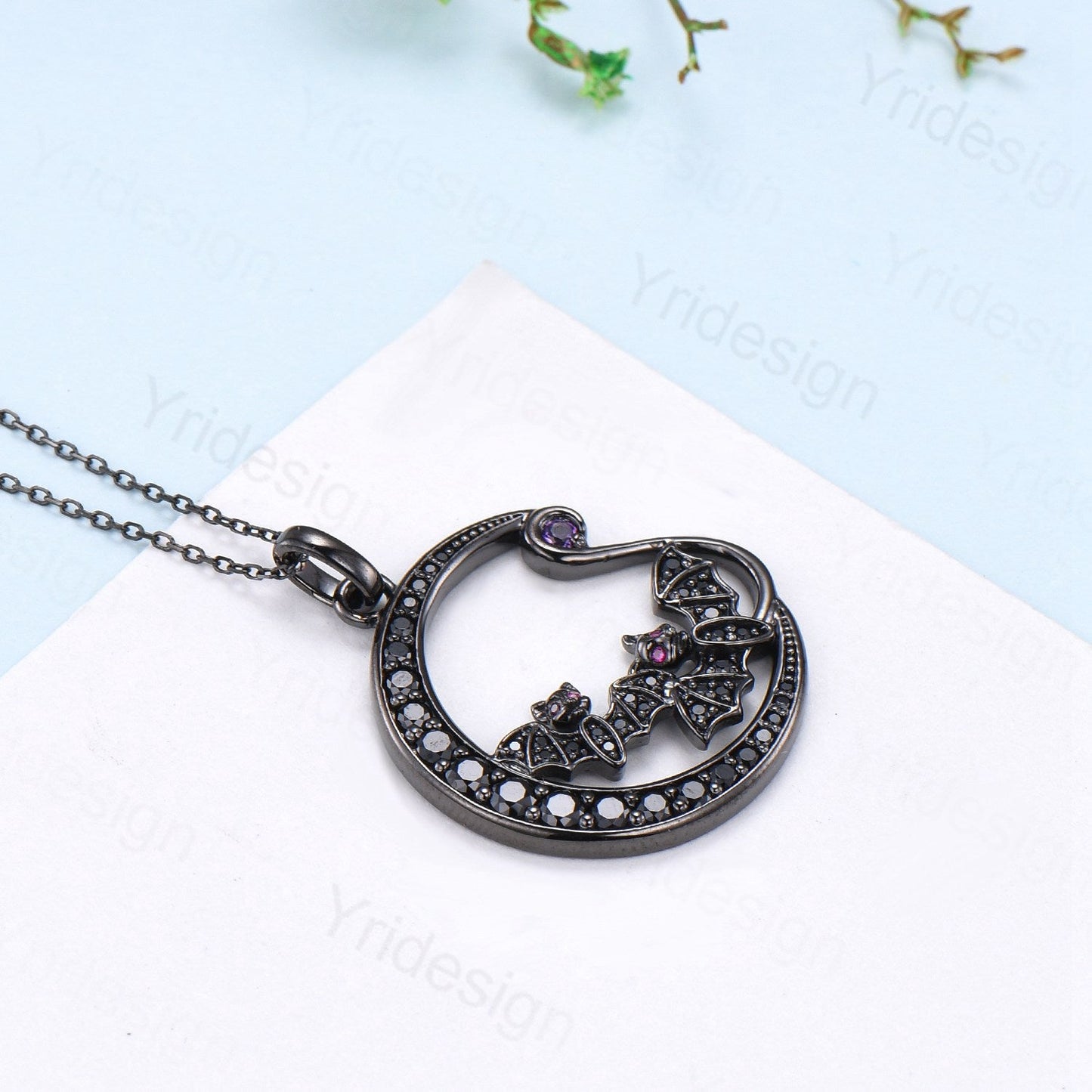 Unique Black Gold Night Moon Bat Gothic Pendant Necklace Magic Crescent Moon Amethyst Black Spinel Necklace Halloween Anniversary gift Women
