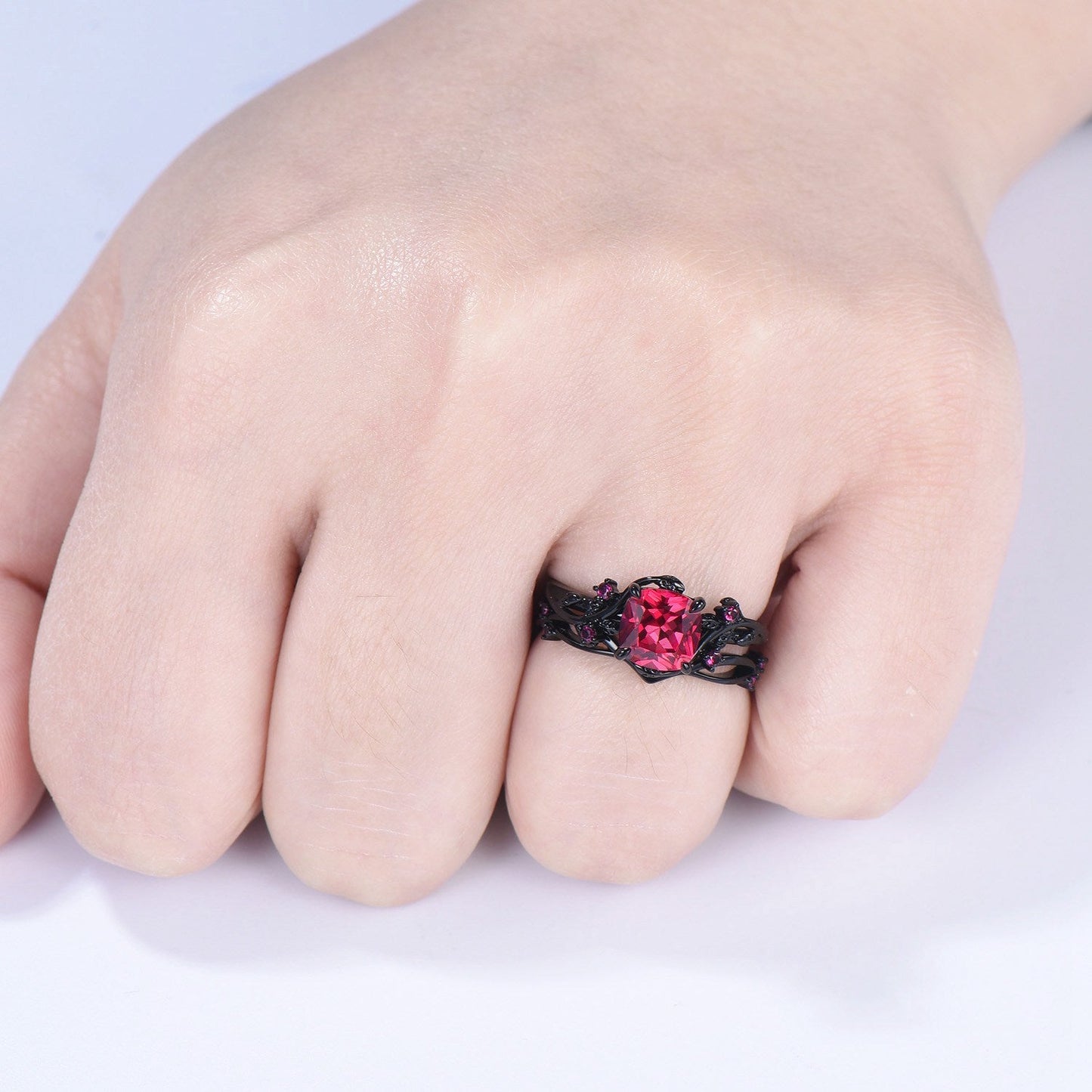 Unique gothic cushion cut ruby wedding ring set black gold natural inspired ruby engagement ring for women unique July birthstone bridal set
