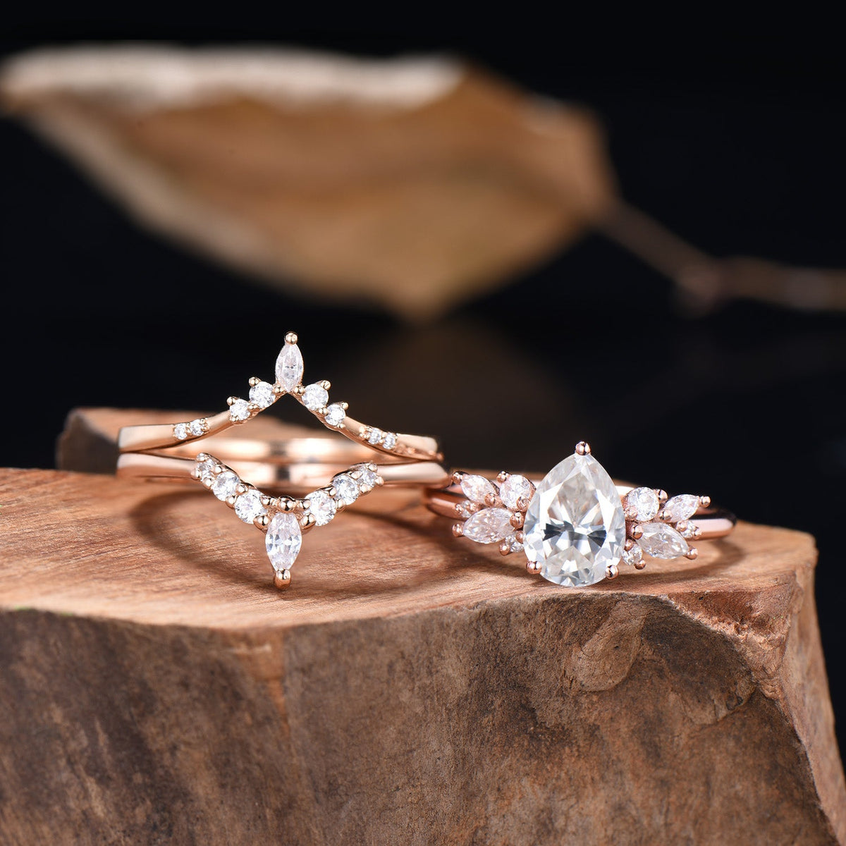 3pcs Moissanite Bridal Set 1.25CT Teardrop Shaped Moissanite Engagement Ring 14k Rose Gold Curved Wedding Band Anniversary Gifts For Women
