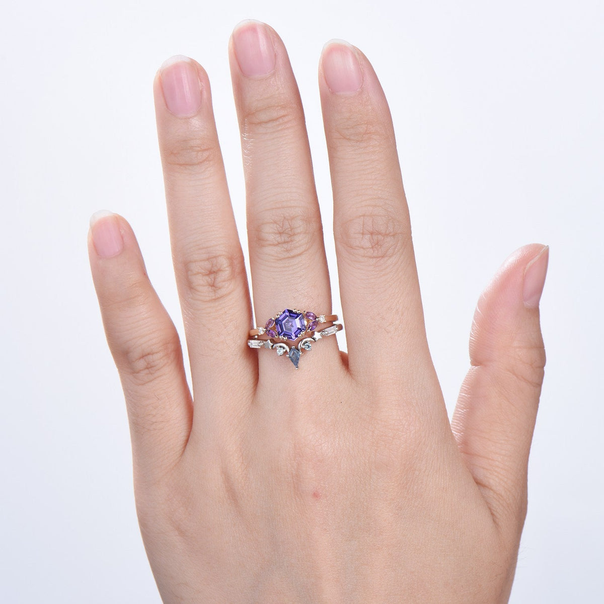 Unique Hexagon Purple Sapphire engagement ring set- moon star curved alexandrite wedding band