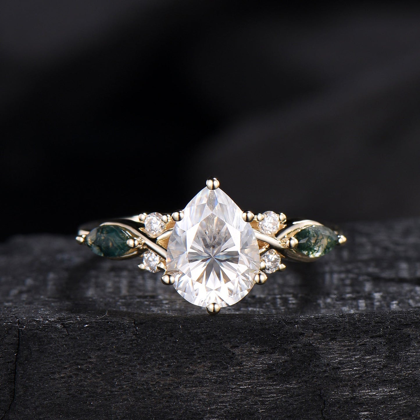 Vintage Pear Shaped Lab Grown Diamond Engagement Ring Set Marquise Moss Agate Wedding Ring Set