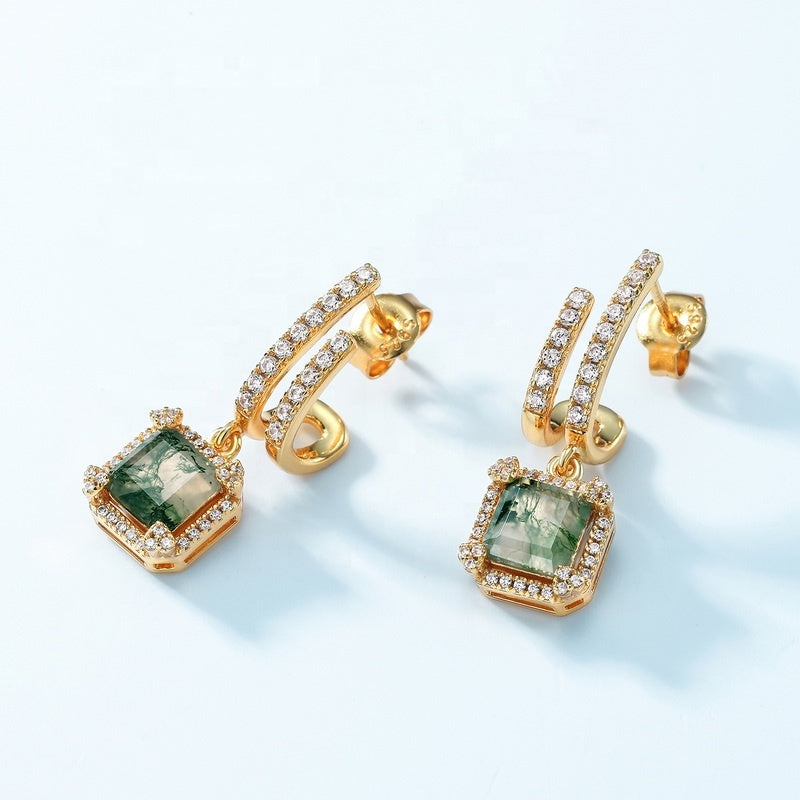 Modern Double Hoop Moss Agate Earrings Square Halo Dangle Studs