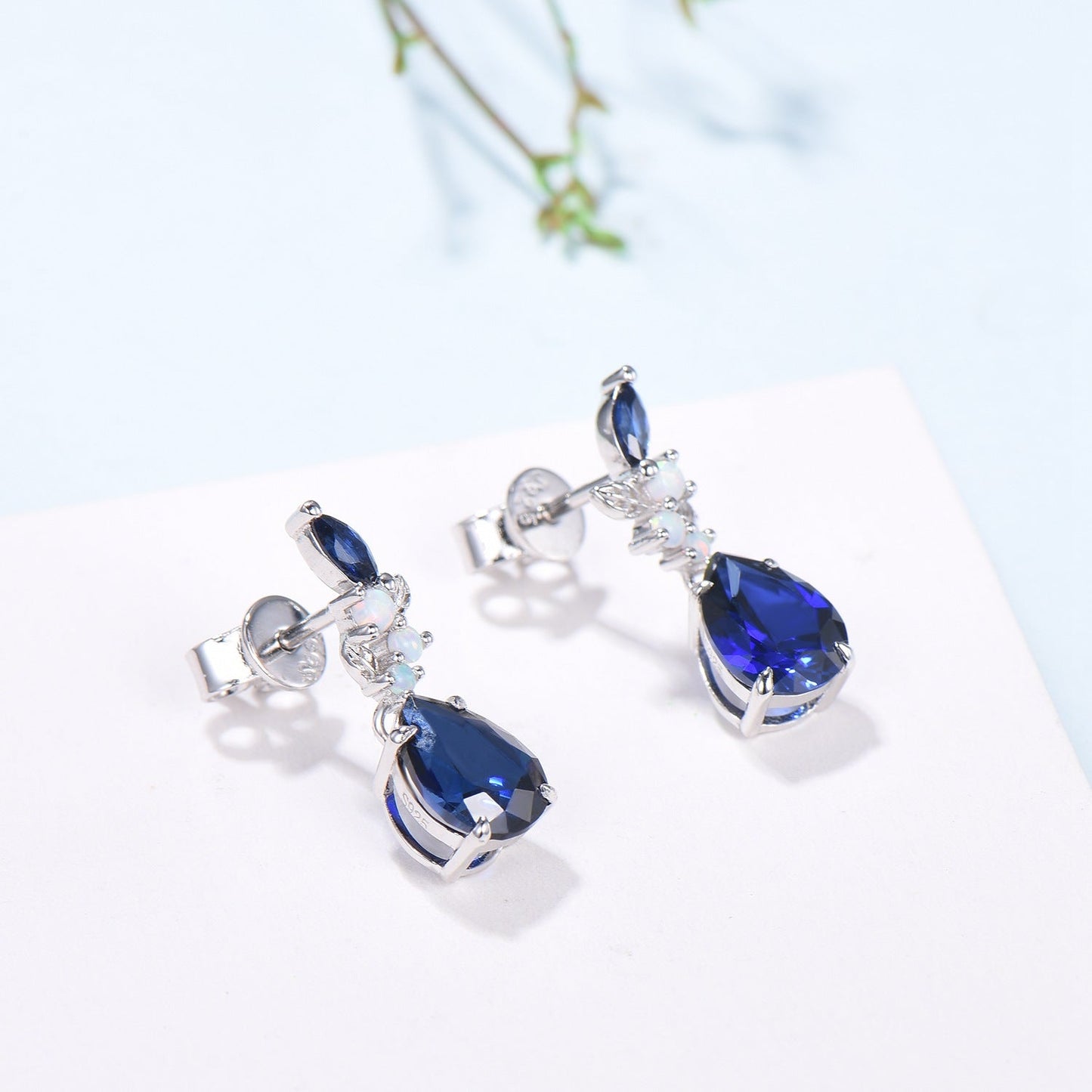 Nature Inspired Pear Shaped Blue Sapphire Earrings Leaf Stud Earrings Silver Vintage Unique Opal Earrings Handmade Anniversary Promise Gift