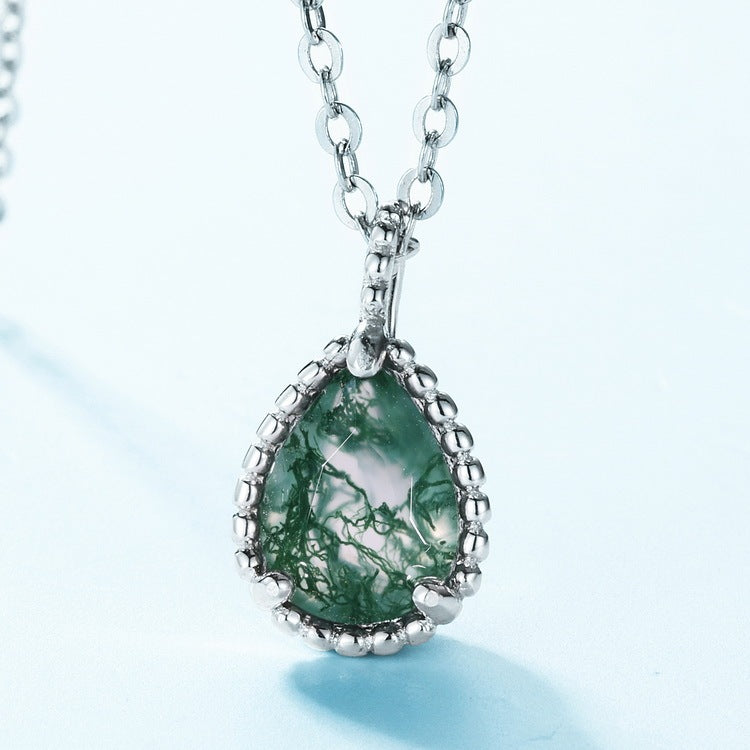 6x8mm Pear Shaped Moss Agate Milgrain Bead Necklace Pendant