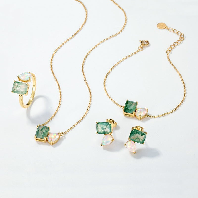Twon Stone Emerald Cut Moss Agate & Pear White Opal Earrings for Women