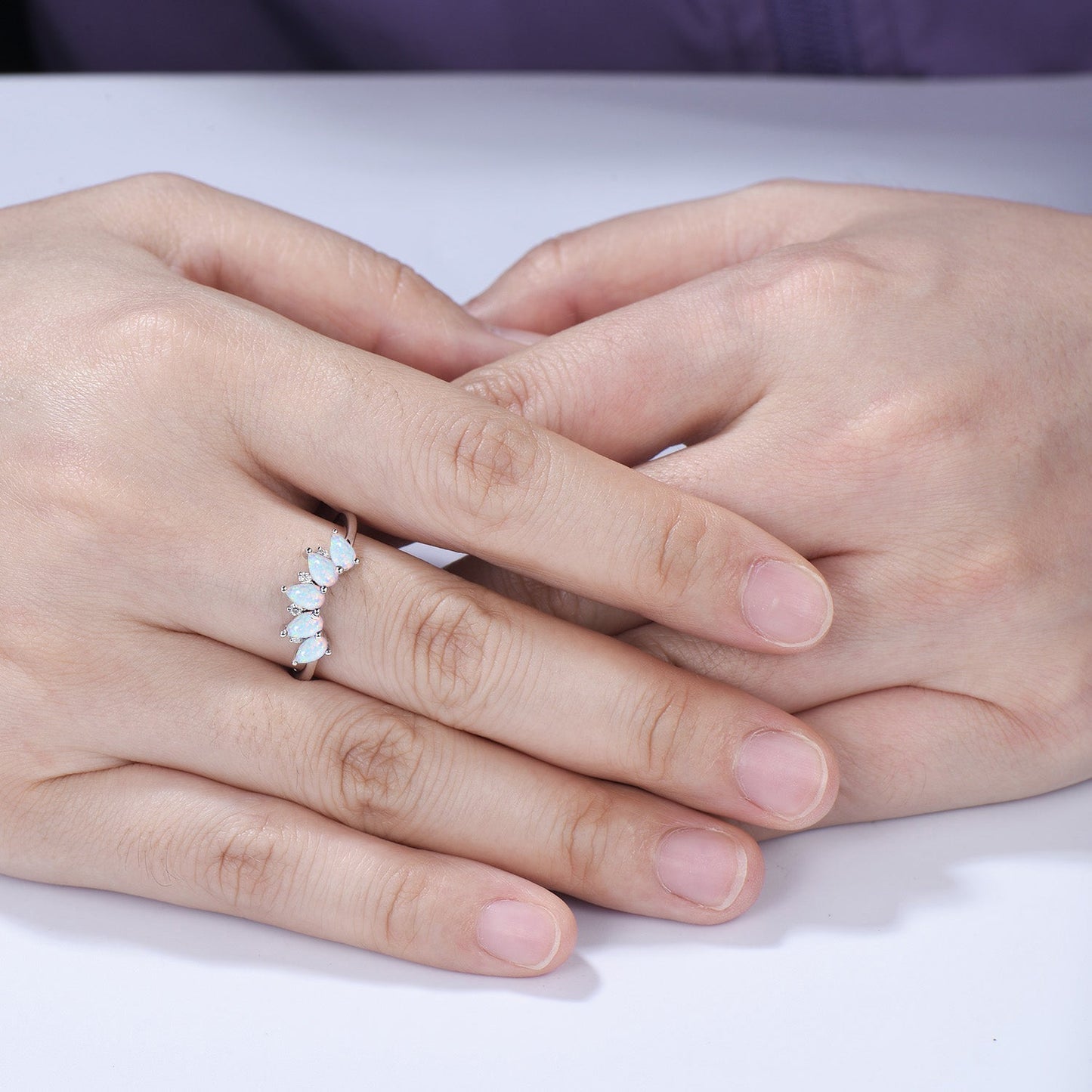 Vintage White Fire Opal Wedding Band, Curved Stacking Ring, 14K Rose Gold Five Stone