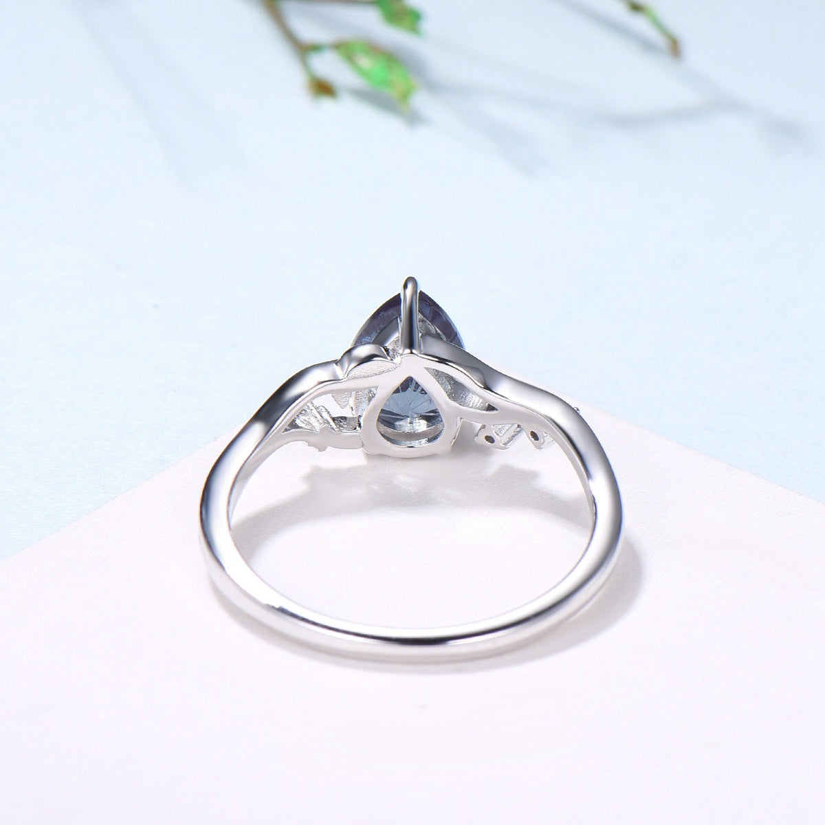 Unique Pear Shaped Firework Cut Alexandrite Engagement Ring, Nature Inspired Leaf Twig Gold Ring