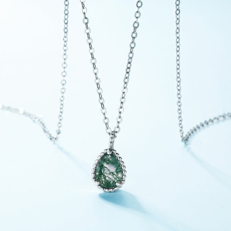 6x8mm Pear Shaped Moss Agate Milgrain Bead Necklace Pendant
