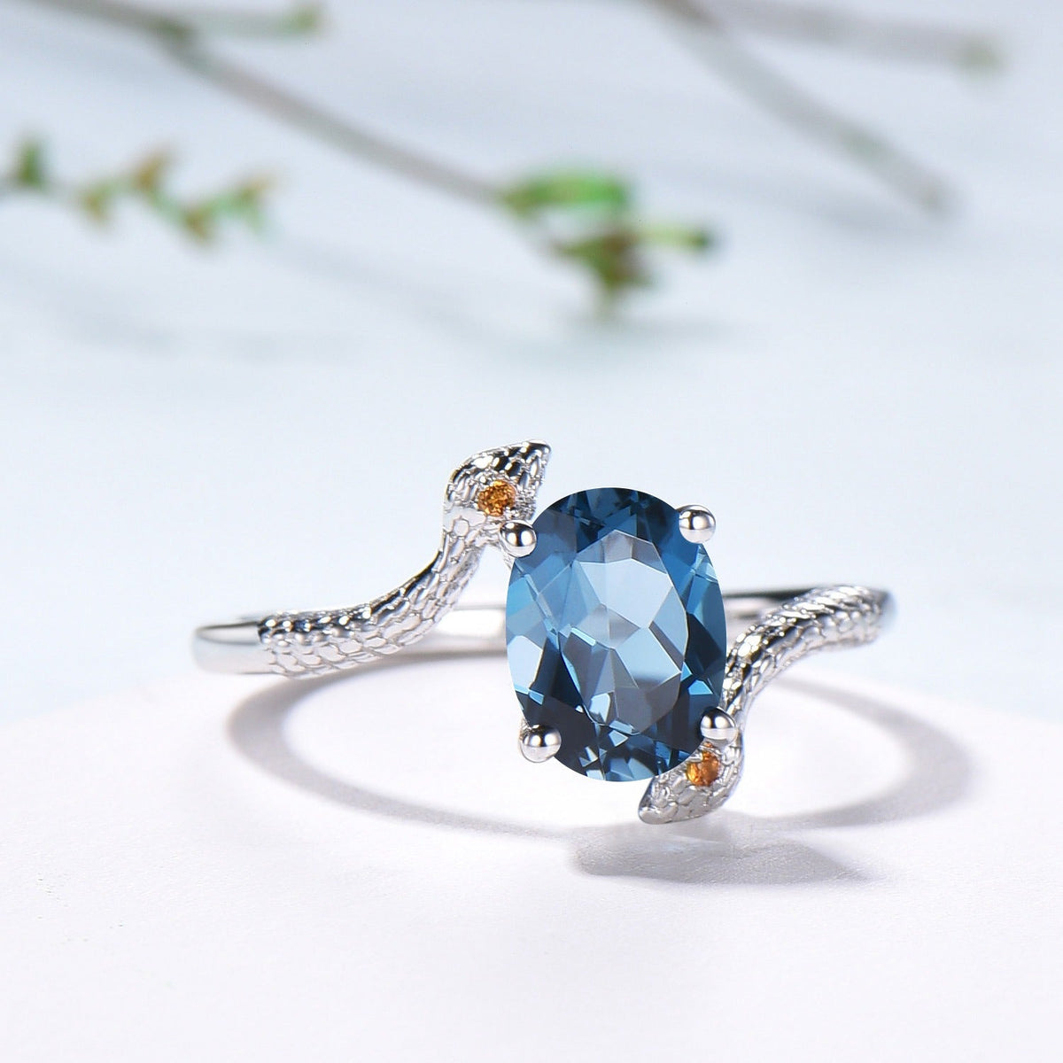 Snake Ring: London Blue Topaz, Citrine, Handmade Gold Anniversary Ring