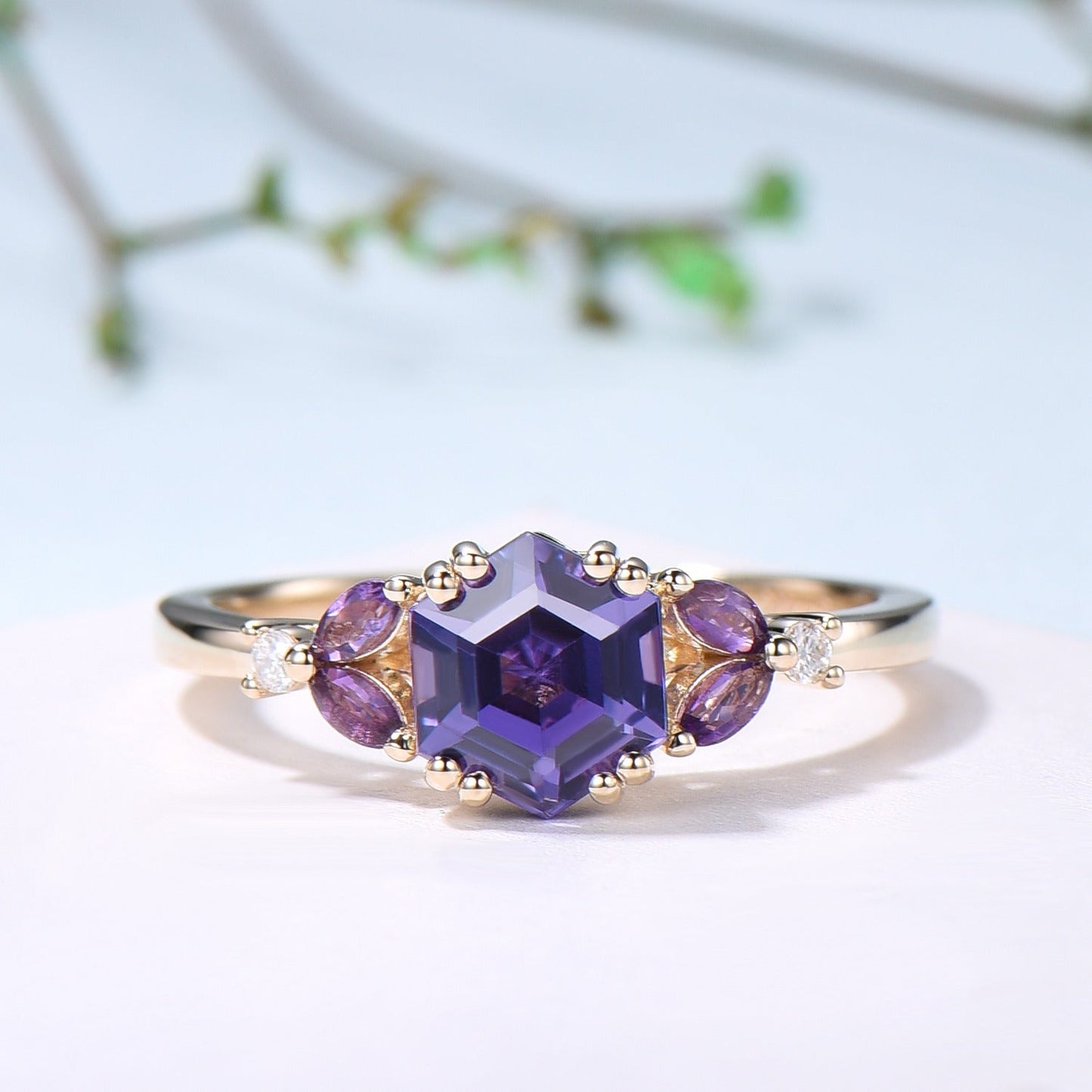 Unique Hexagon Purple Sapphire engagement ring set- moon star curved alexandrite wedding band