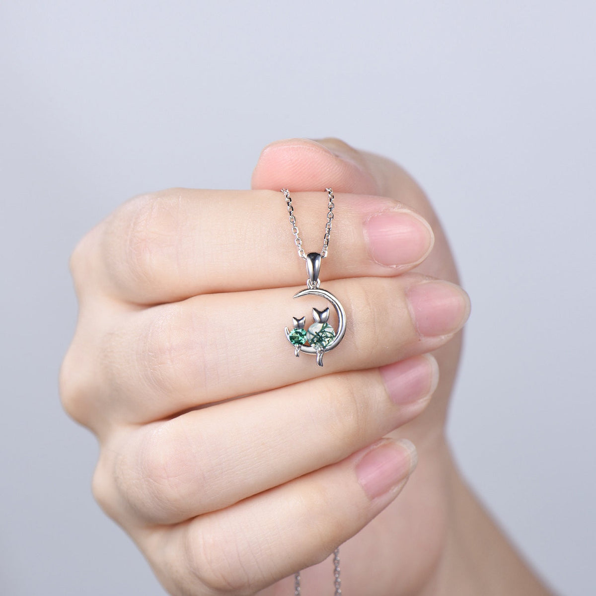 Dainty cat moss agate necklace silver white gold moon family green emerald pendant personalized Fine Jewelry