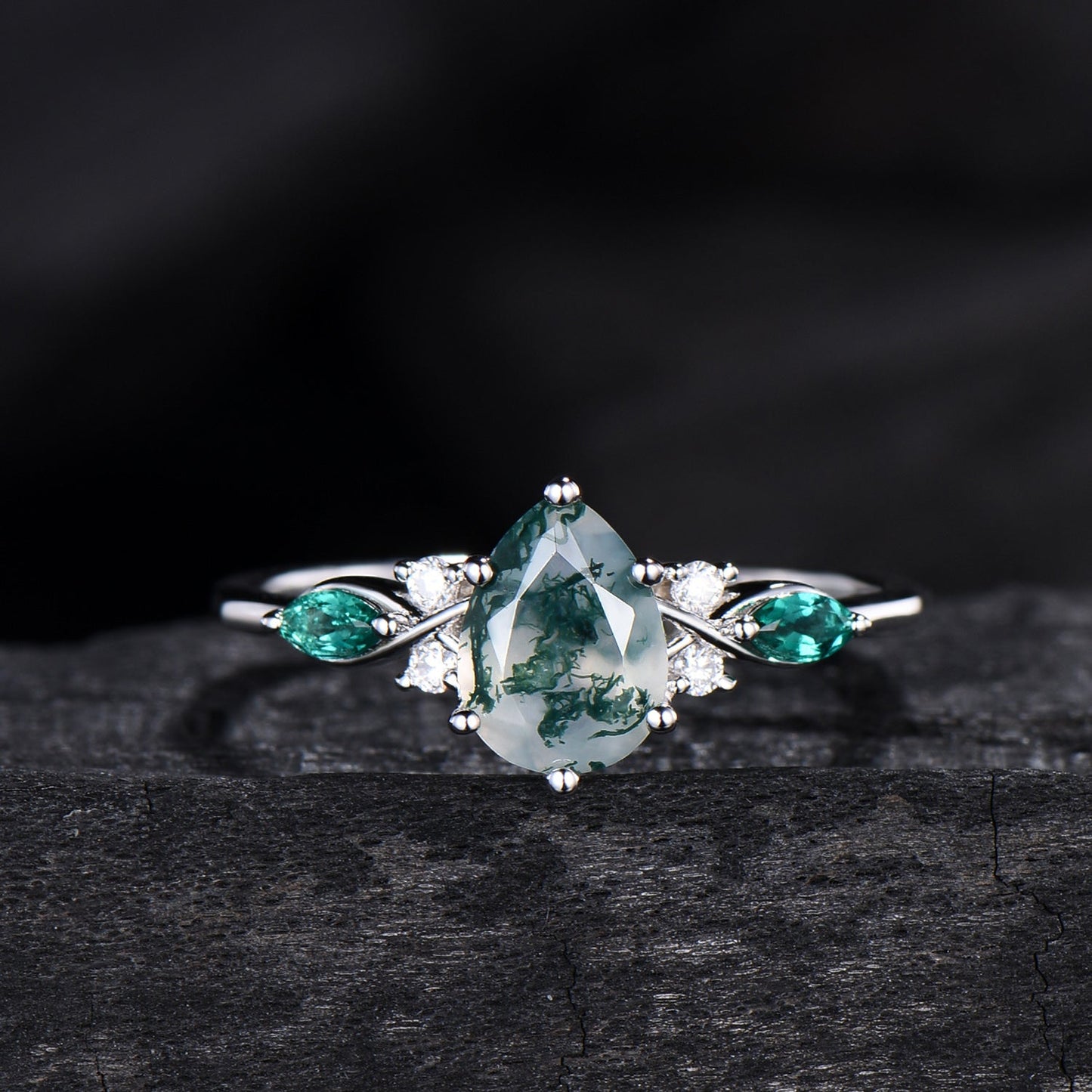 1.25 CT Pear shaped natural moss agate engagement ring rose gold infinity twisted Celtic knot Baguette cut emerald bridal ring set women