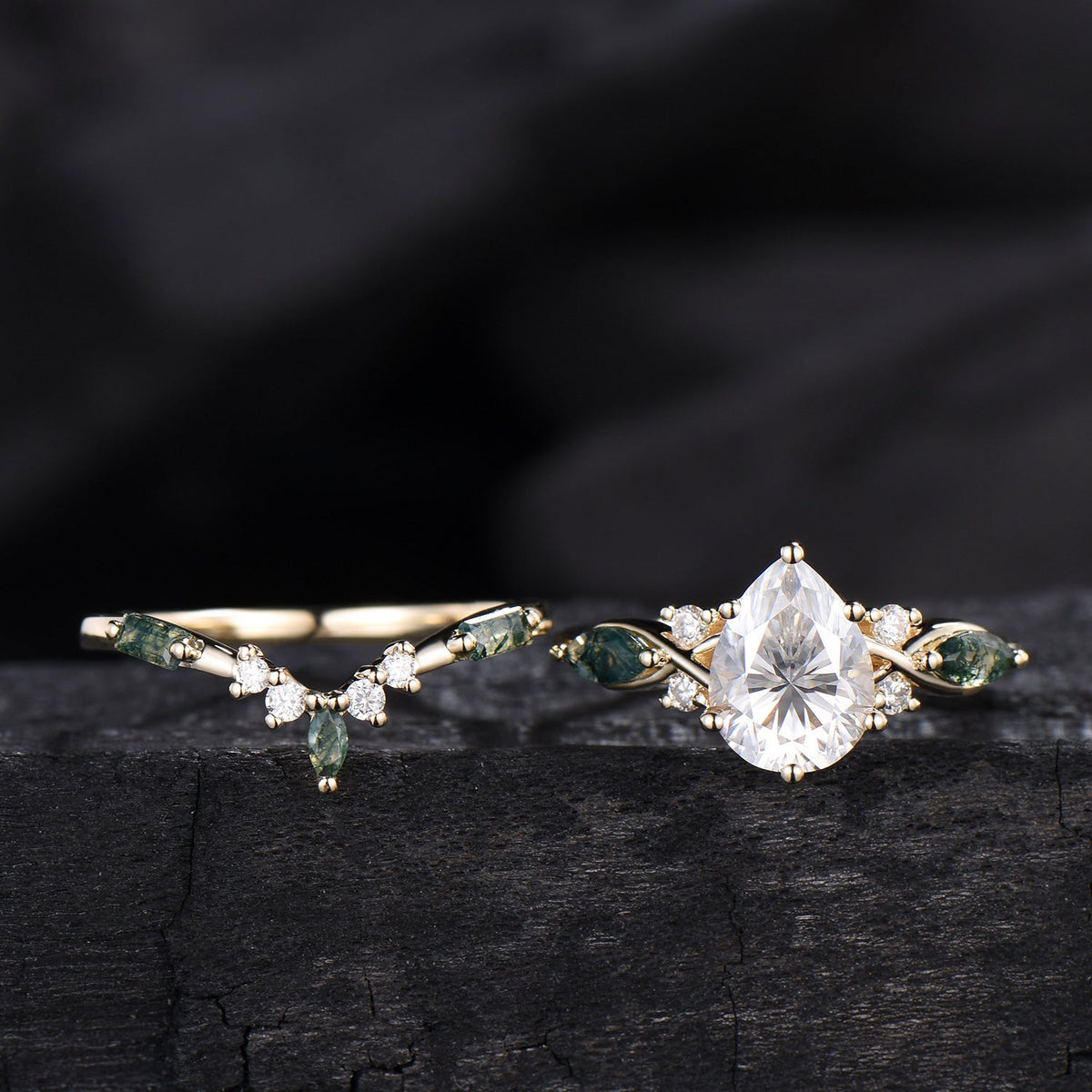Vintage Pear Shaped Lab Grown Diamond Engagement Ring Set Marquise Moss Agate Wedding Ring Set