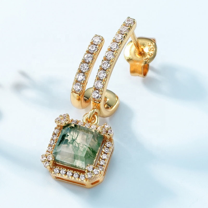 Modern Double Hoop Moss Agate Earrings Square Halo Dangle Studs