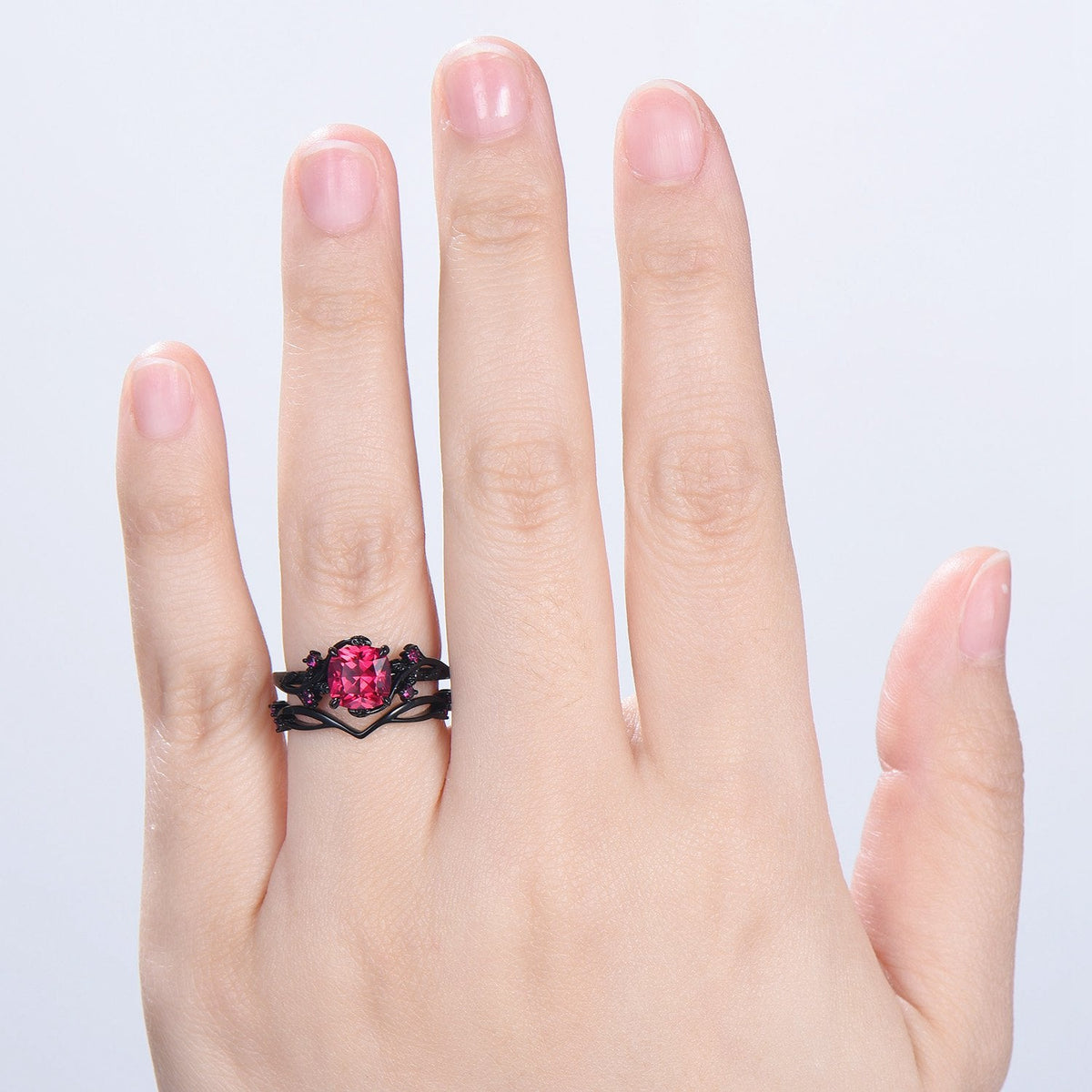 Unique gothic cushion cut ruby wedding ring set black gold natural inspired ruby engagement ring for women unique July birthstone bridal set