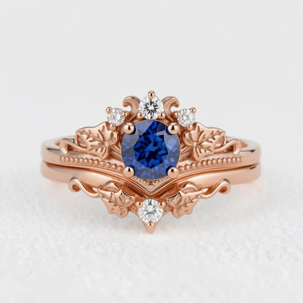 Ivy’s Wreath | Round Blue Sapphire & Diamond Vintage Bridal Set 2pcs
