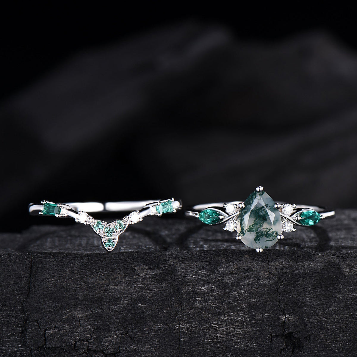 1.25 CT Pear shaped natural moss agate engagement ring rose gold infinity twisted Celtic knot Baguette cut emerald bridal ring set women