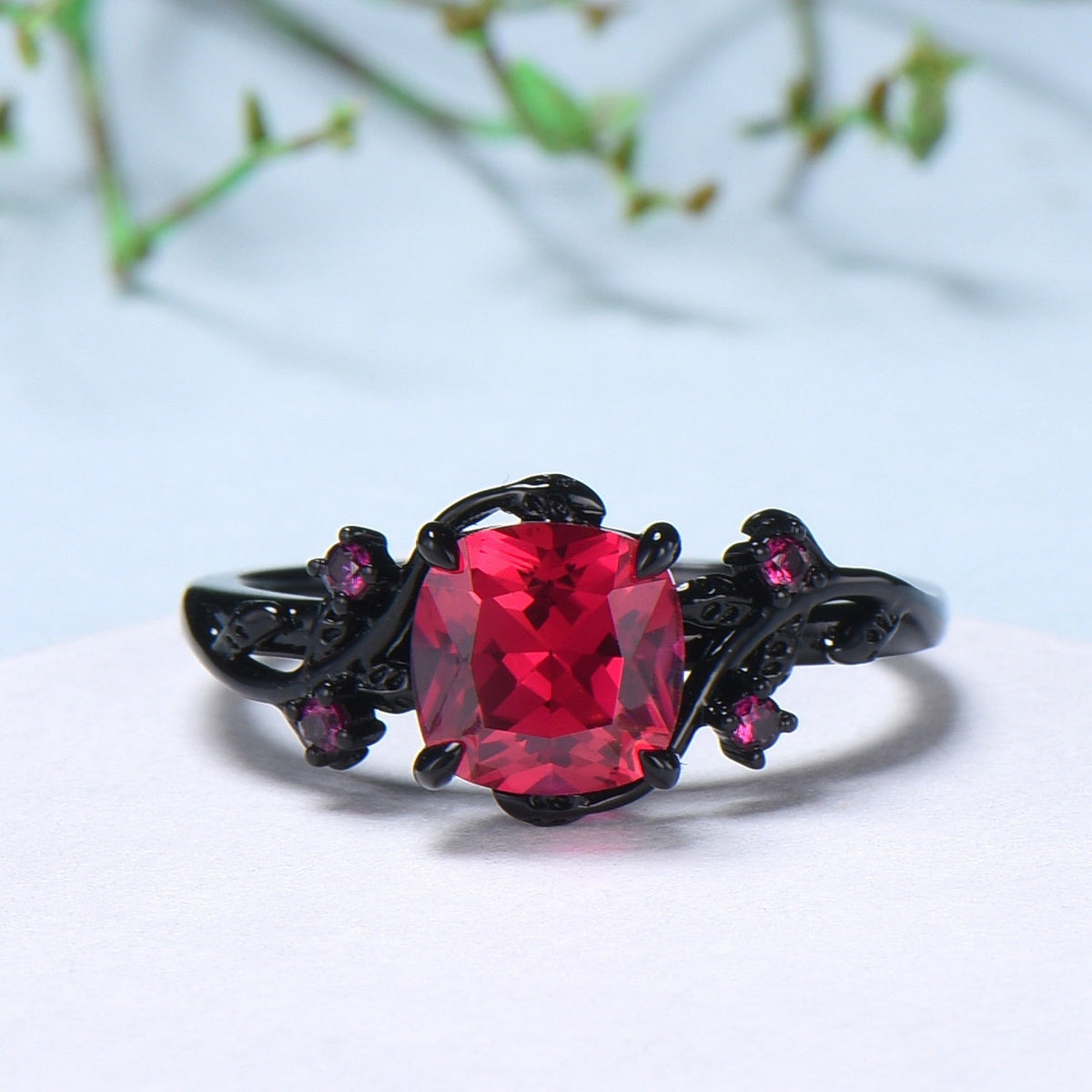 Unique gothic cushion cut ruby wedding ring set black gold natural inspired ruby engagement ring for women unique July birthstone bridal set