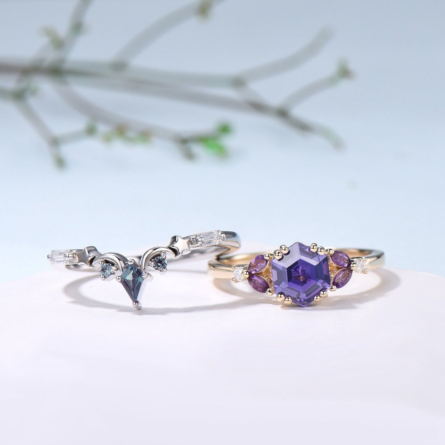 Unique Hexagon Purple Sapphire engagement ring set- moon star curved alexandrite wedding band