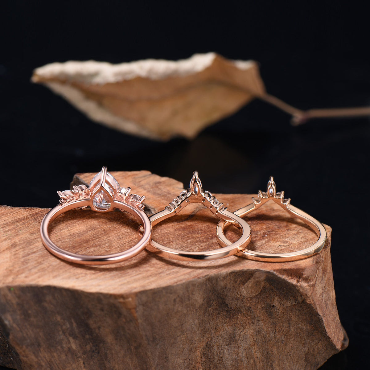 3pcs Moissanite Bridal Set 1.25CT Teardrop Shaped Moissanite Engagement Ring 14k Rose Gold Curved Wedding Band Anniversary Gifts For Women