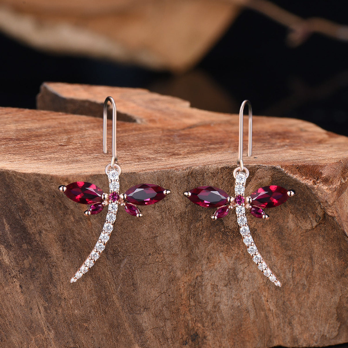 Elegant dragonfly marqusie cut red ruby earrings Julyne birthstone fine jewelry
