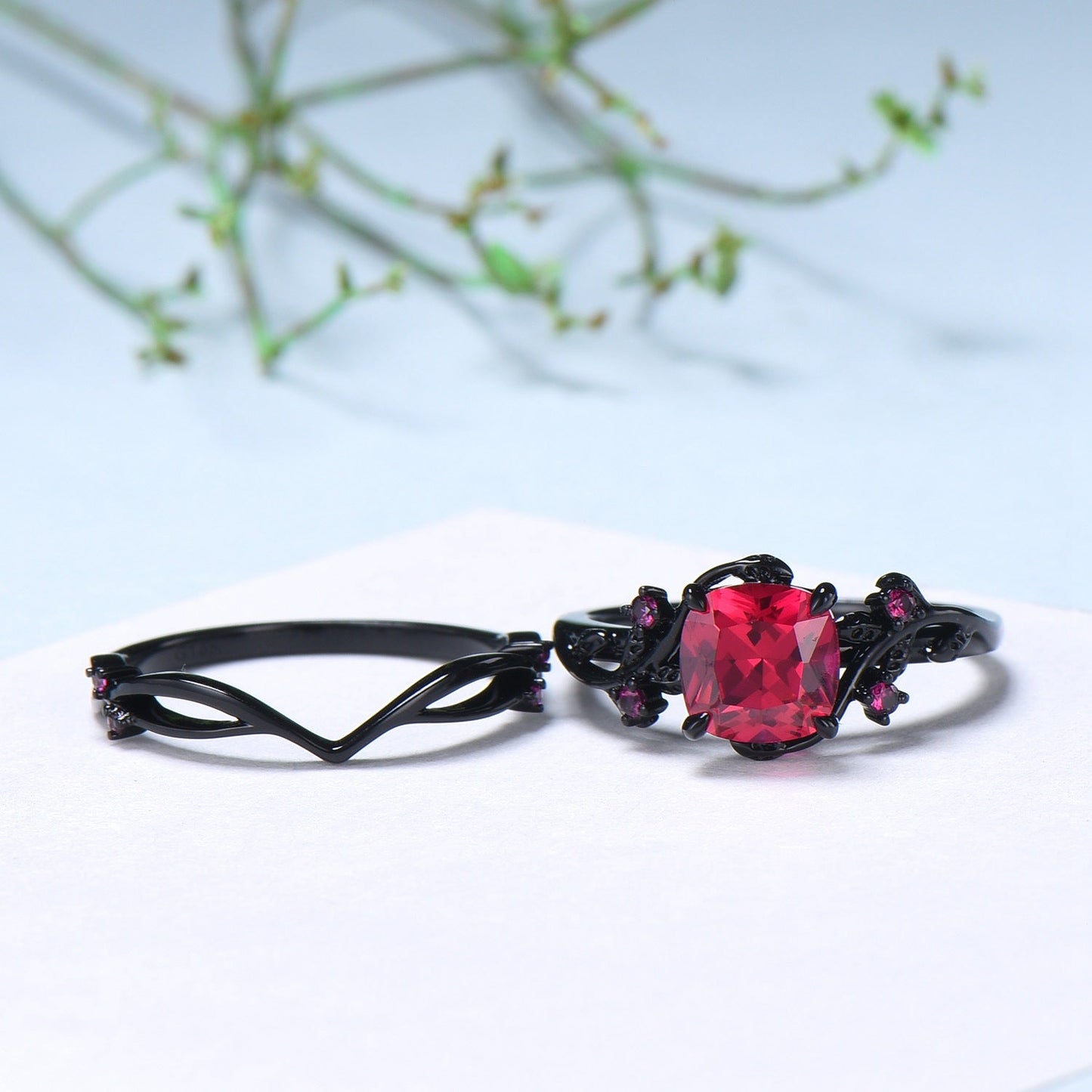 Unique gothic cushion cut ruby wedding ring set black gold natural inspired ruby engagement ring for women unique July birthstone bridal set