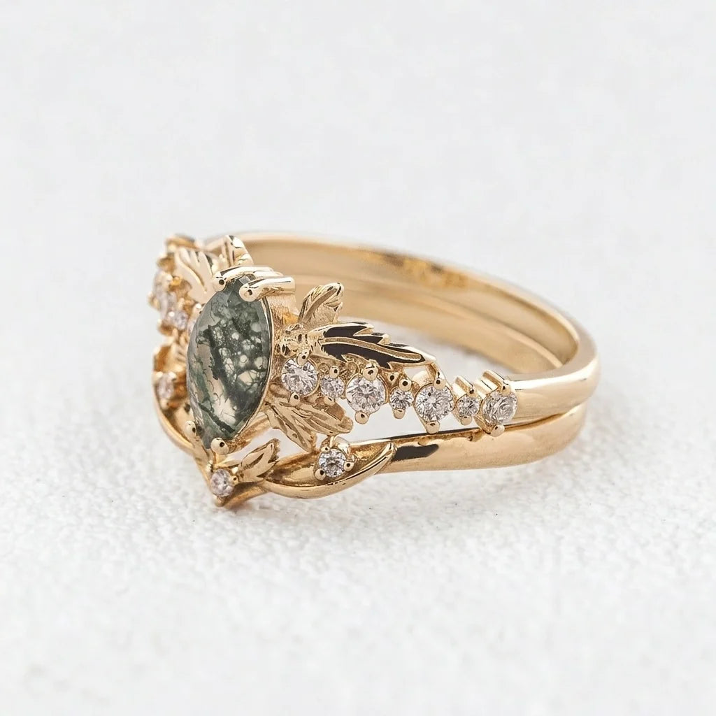 Aurora’s Moss Wing | Marquise Moss Agate Vintage Bridal Set 2pcs