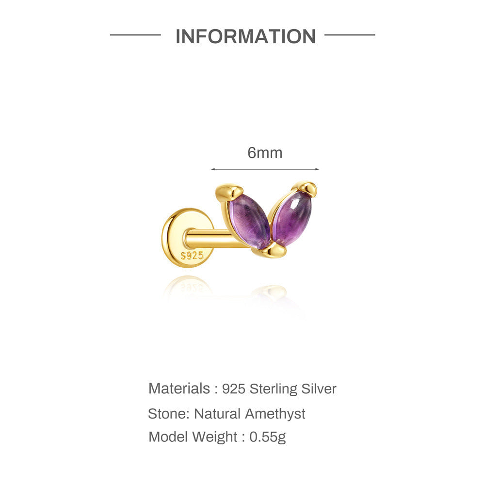 S925 Sterling Silver Natural Amethyst Geometric Cartilage Earring 16G Flat Back Earrings