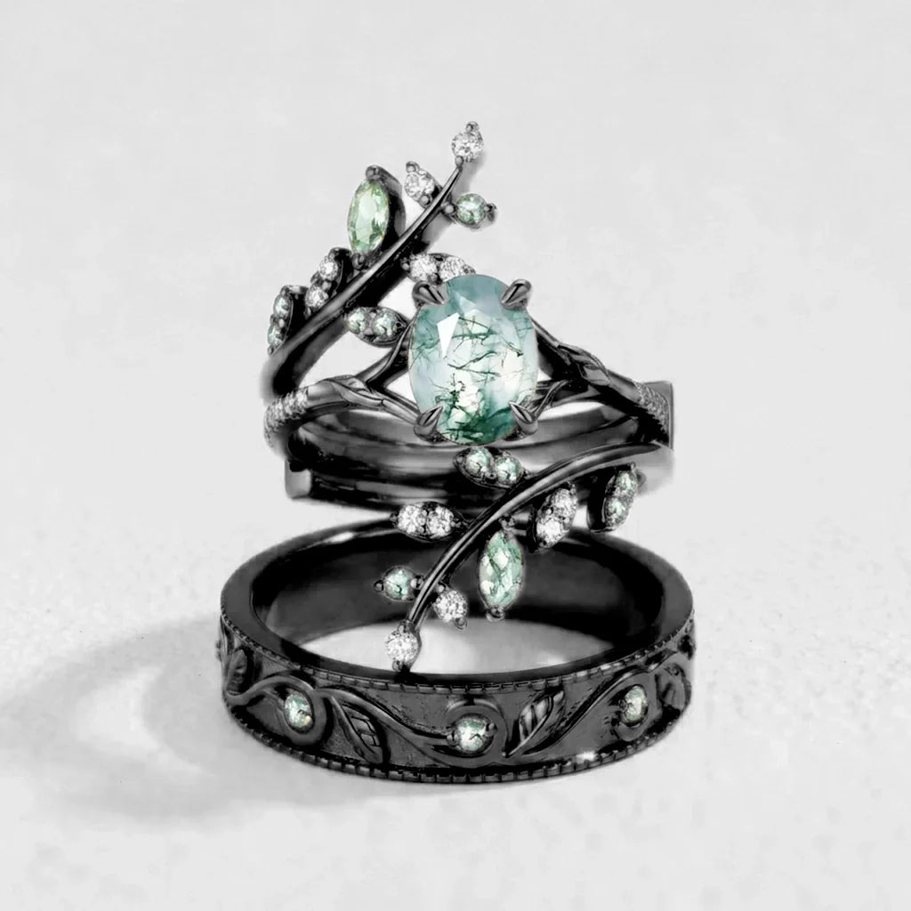 Daphne’s Canopy | Oval Cut Green Moss Agate Cluster Couple Ring Set