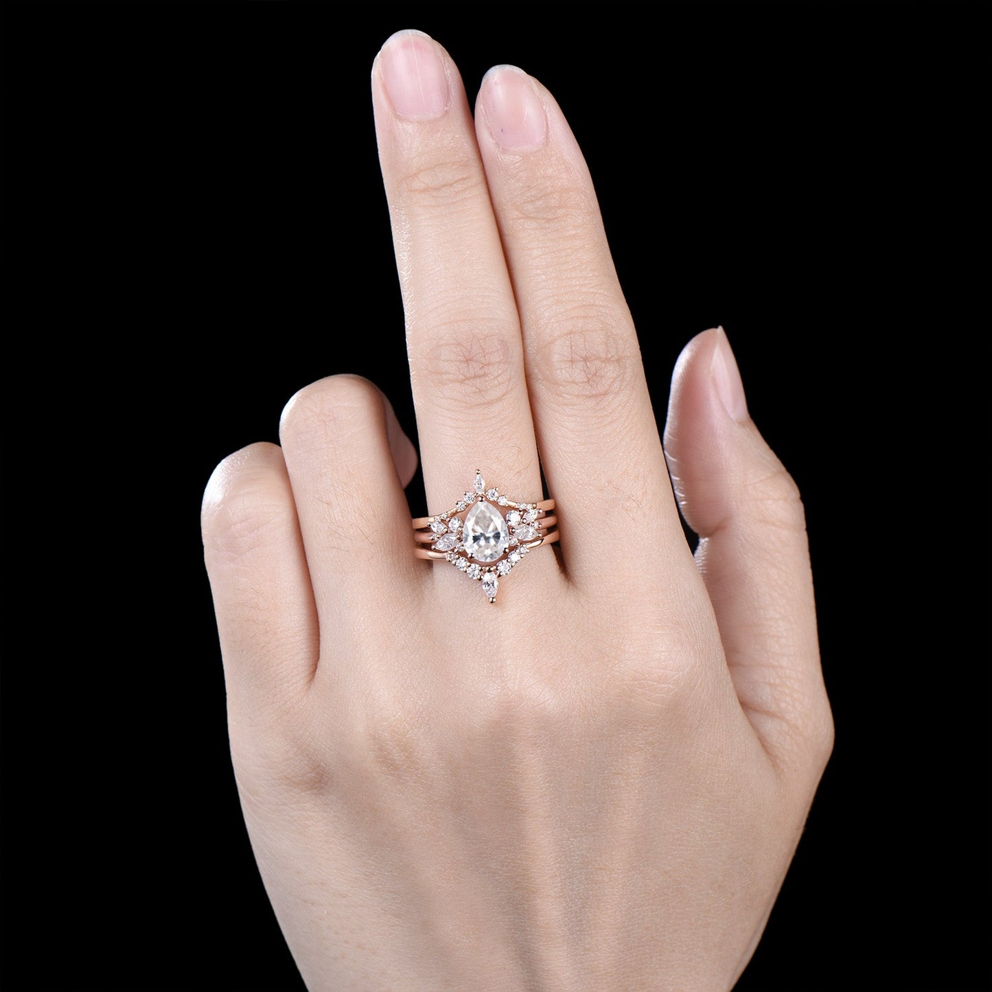 3pcs Moissanite Bridal Set 1.25CT Teardrop Shaped Moissanite Engagement Ring 14k Rose Gold Curved Wedding Band Anniversary Gifts For Women