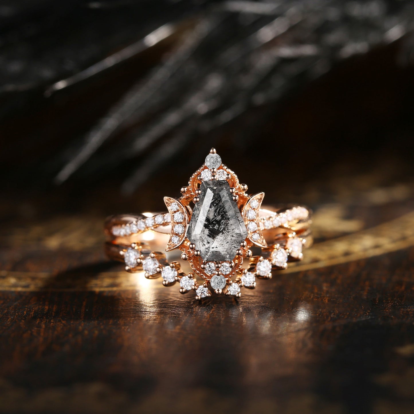 Crescent Moon | Coffin Cut Herkimer Diamond Infinity Engagement Ring Set 2pcs - Infinity Galaxy
