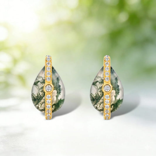 Orbit Pear Moss Agate Stud Earrings