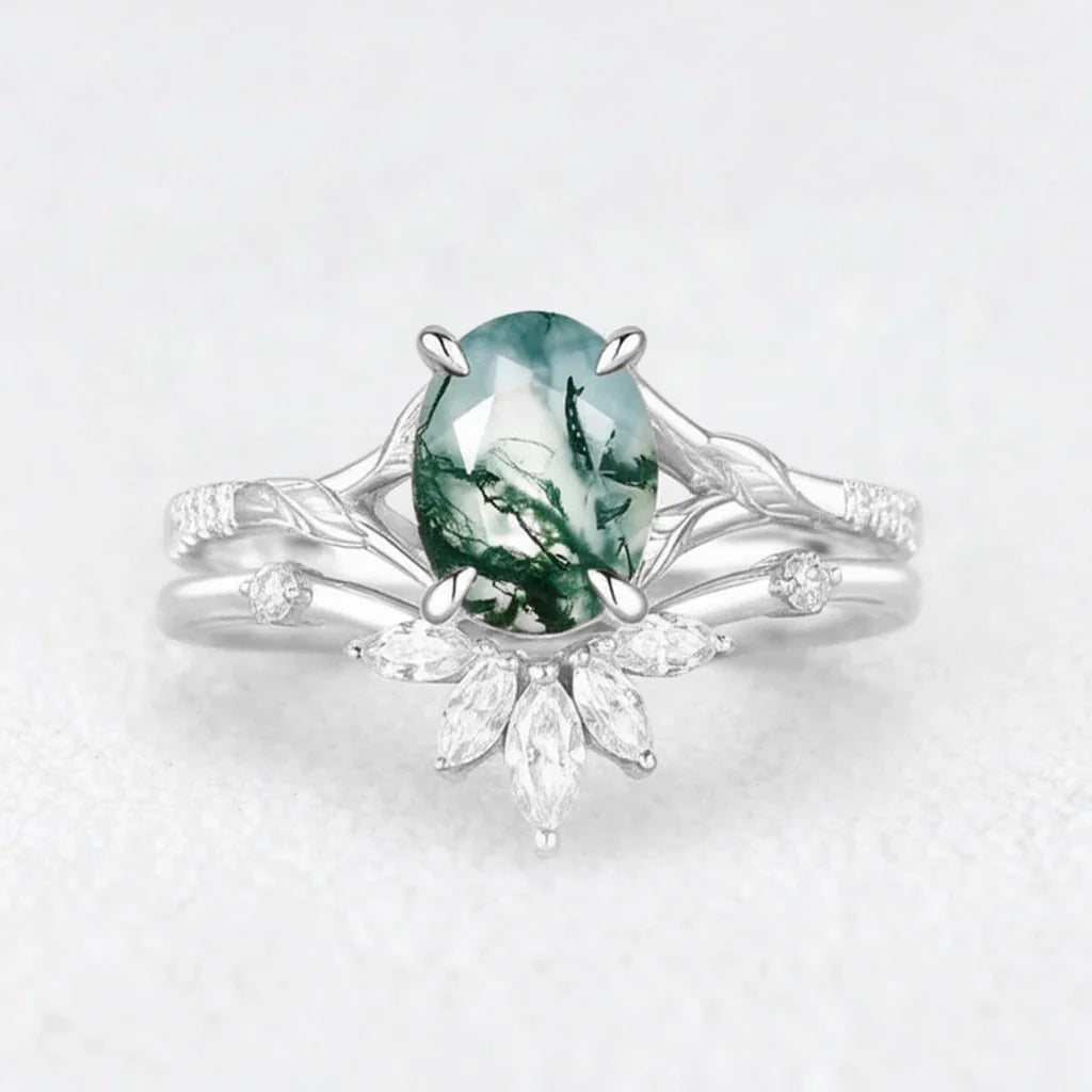 Zinnia’s Meadow | Oval Cut Moss Agate Leafy Gold Couple Ring Set 3pcs