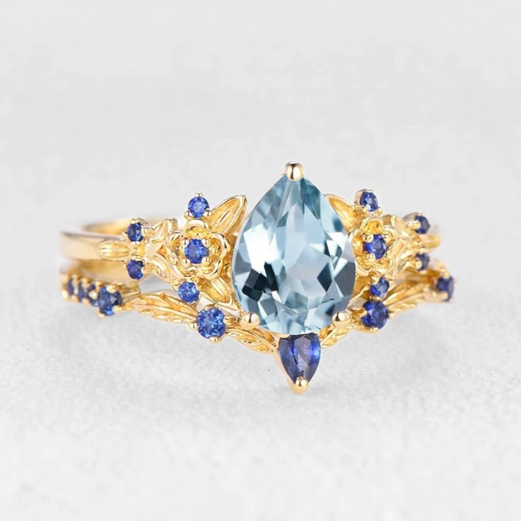 Isolde’s Tide | Vintage Pear Aquamarine & Sapphire Floral Bridal Set 2pcs