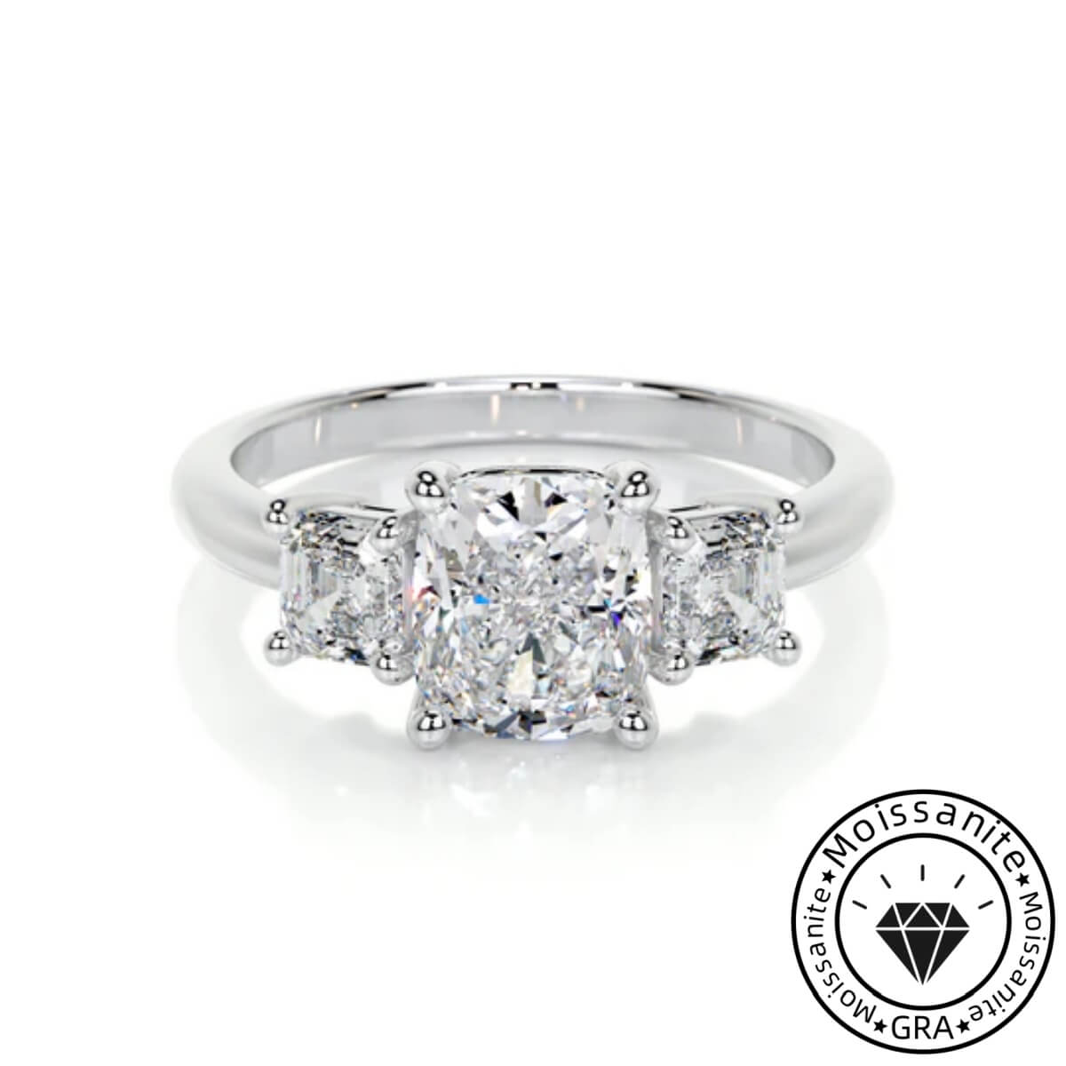 Gauzy Solarii Moissanite 2.0ct Cushion Cut 925 Sterling Silver Three Stone Engagement Ring