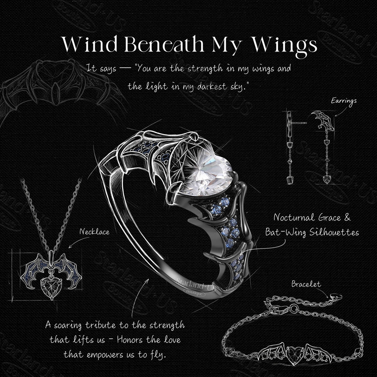 Gothic Inspired Heart Moissanite Black Gold Engagement Ring Jewelry Set - Bat Jewelry Box