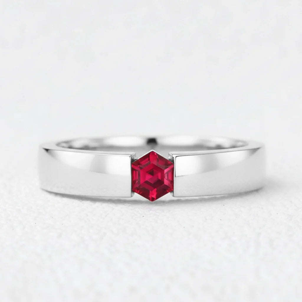 Ruben’s Hexagon | Ruby Tension Set Men's Wedding Band