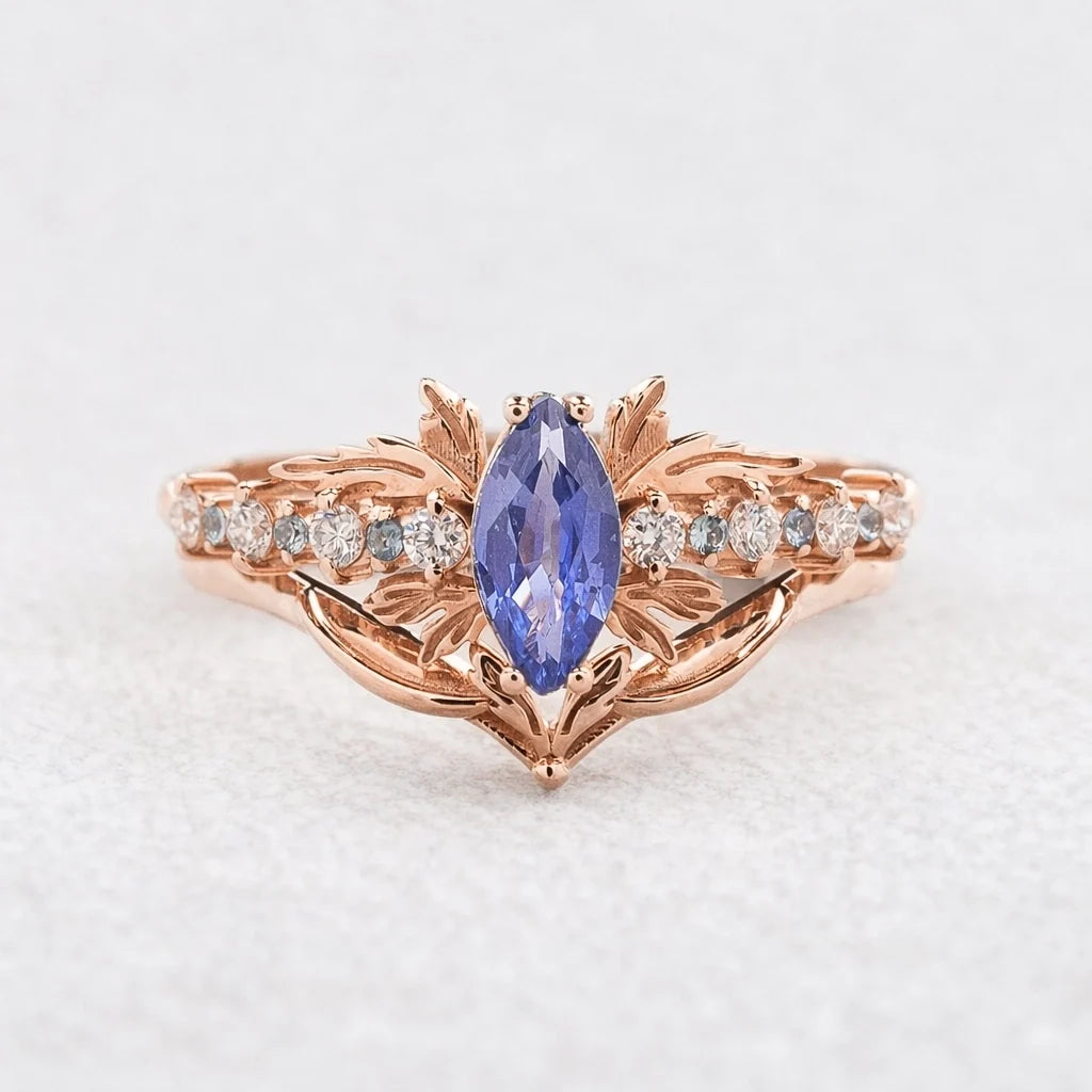 Aurora’s Fairy Wing | Marquise Natural Sapphire Vintage Bridal Set 2pcs