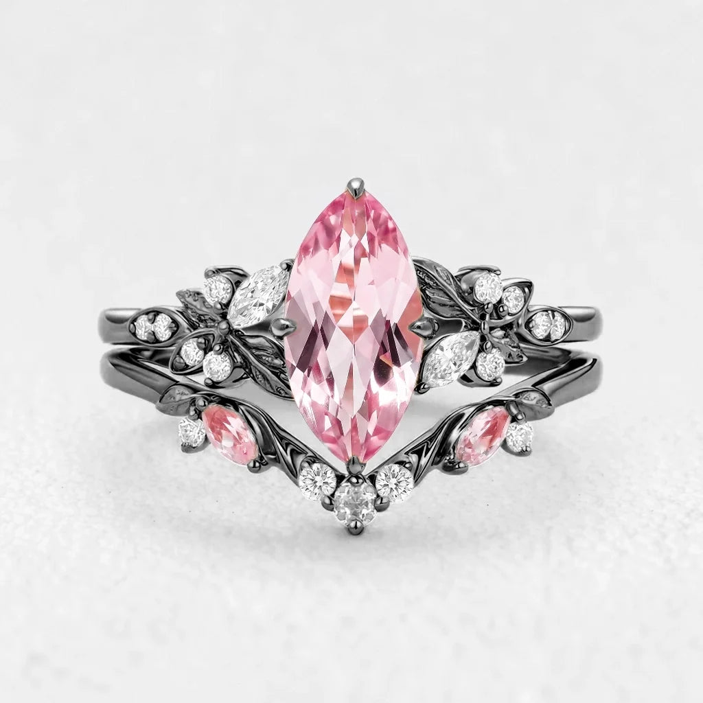 Peony's Bloom | Marquise Pink Sapphire Bridal Set 2pcs