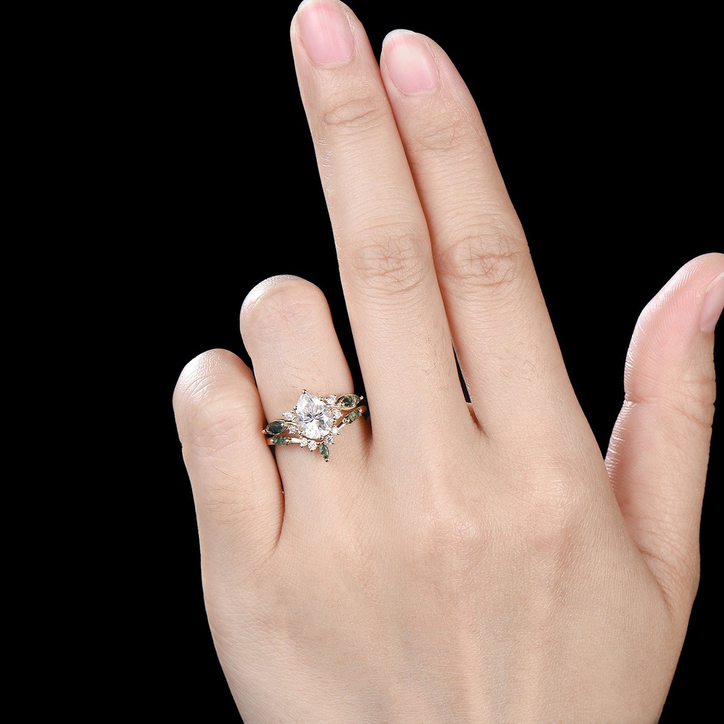 Vintage Pear Shaped Lab Grown Diamond Engagement Ring Set Marquise Moss Agate Wedding Ring Set