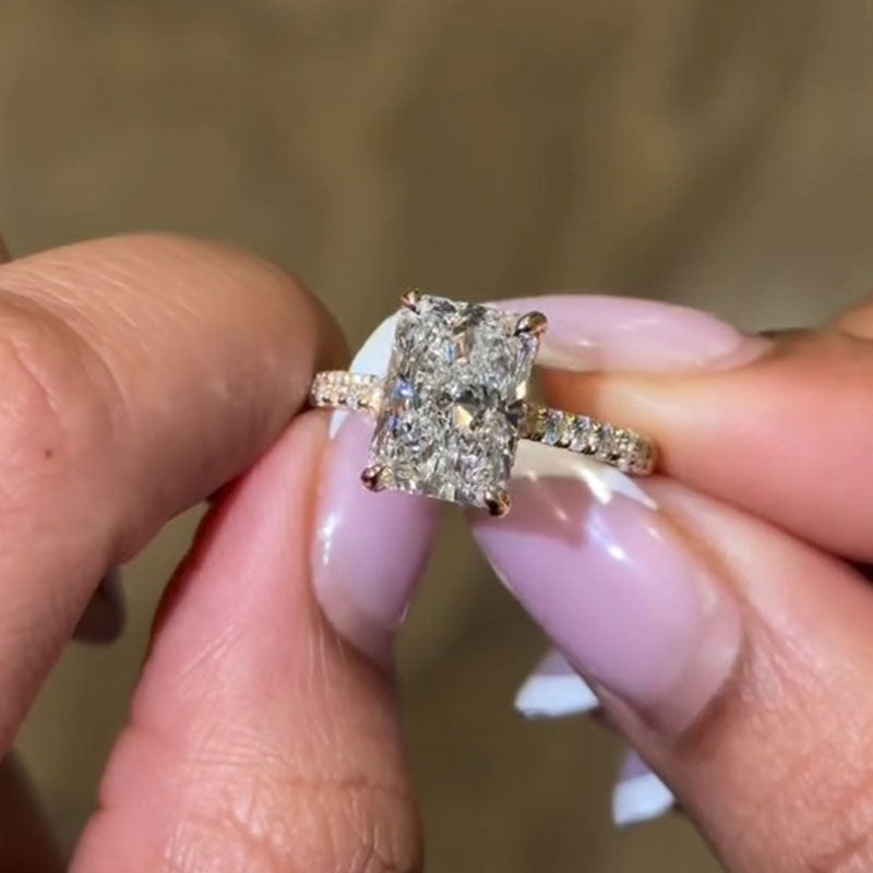 Radiant Cut Hidden Halo Engagement Ring With Half Paved Band