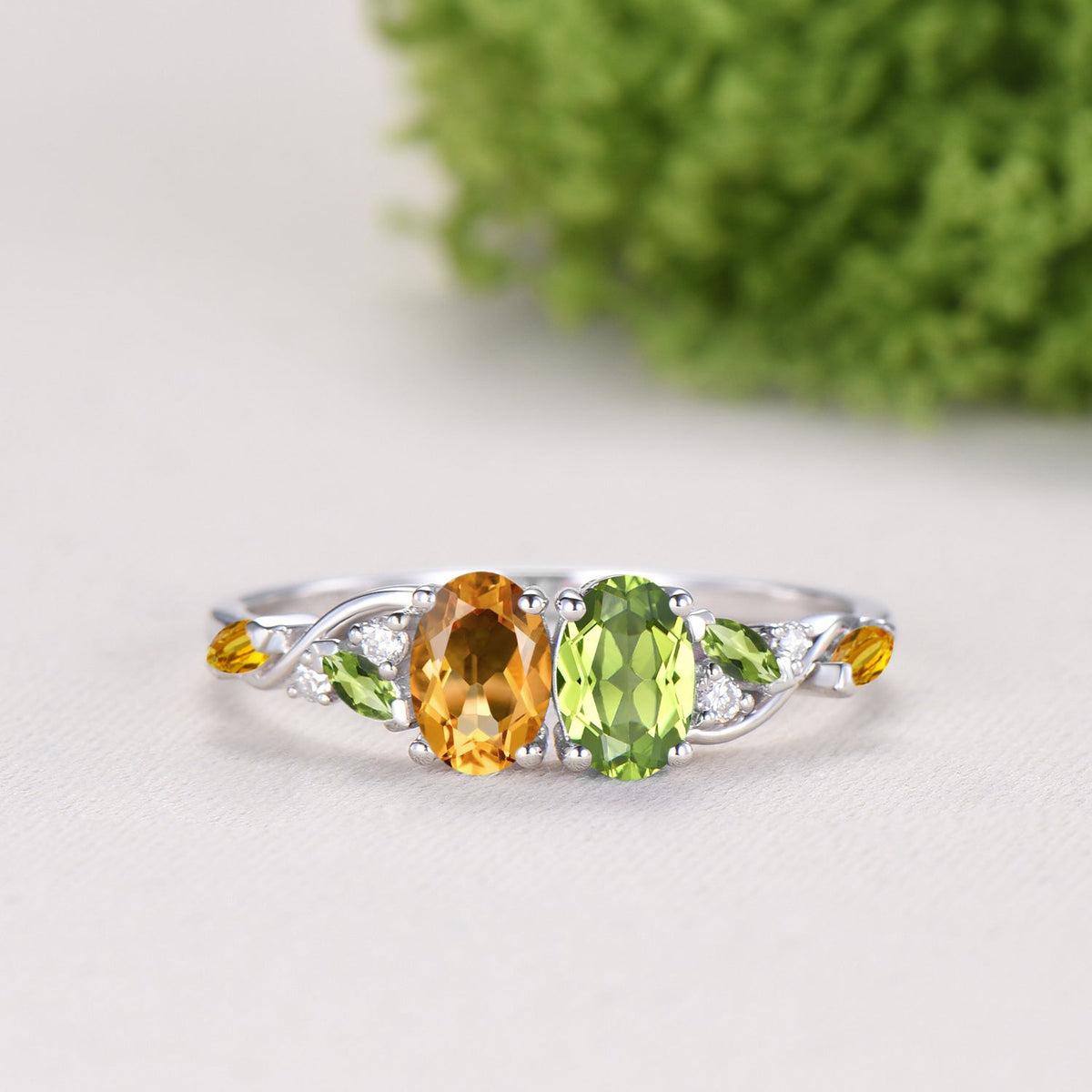 Vintage Peridot Citrine Engagement Ring | 14K White Gold Two Stone Oval Cut Promise Ring