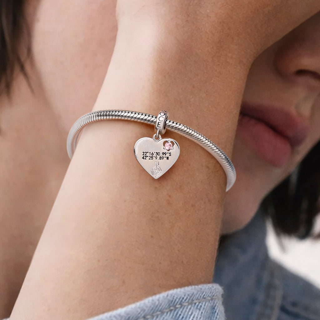Gnoce  Heart GPS Coordinate Engravable Charm Platinum-plated Silver Blend