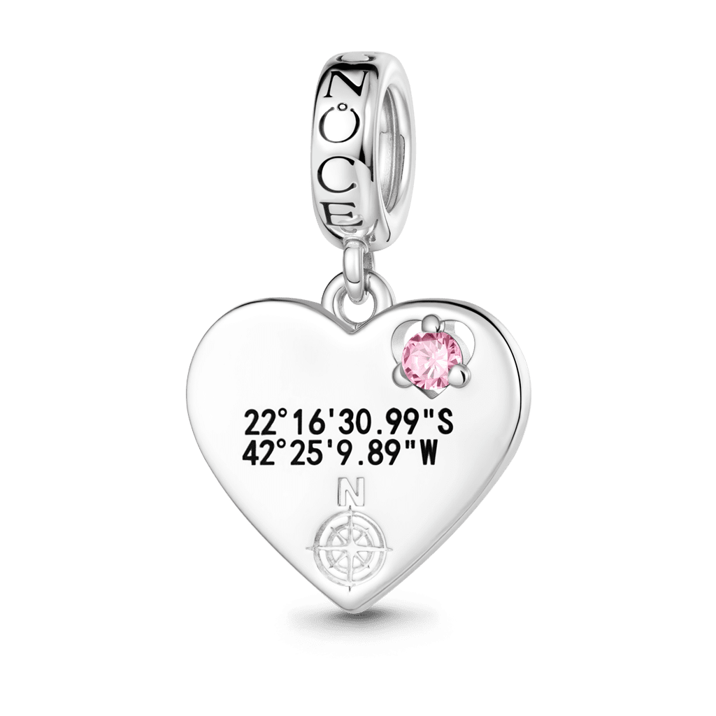 Gnoce  Heart GPS Coordinate Engravable Charm Platinum-plated Silver Blend