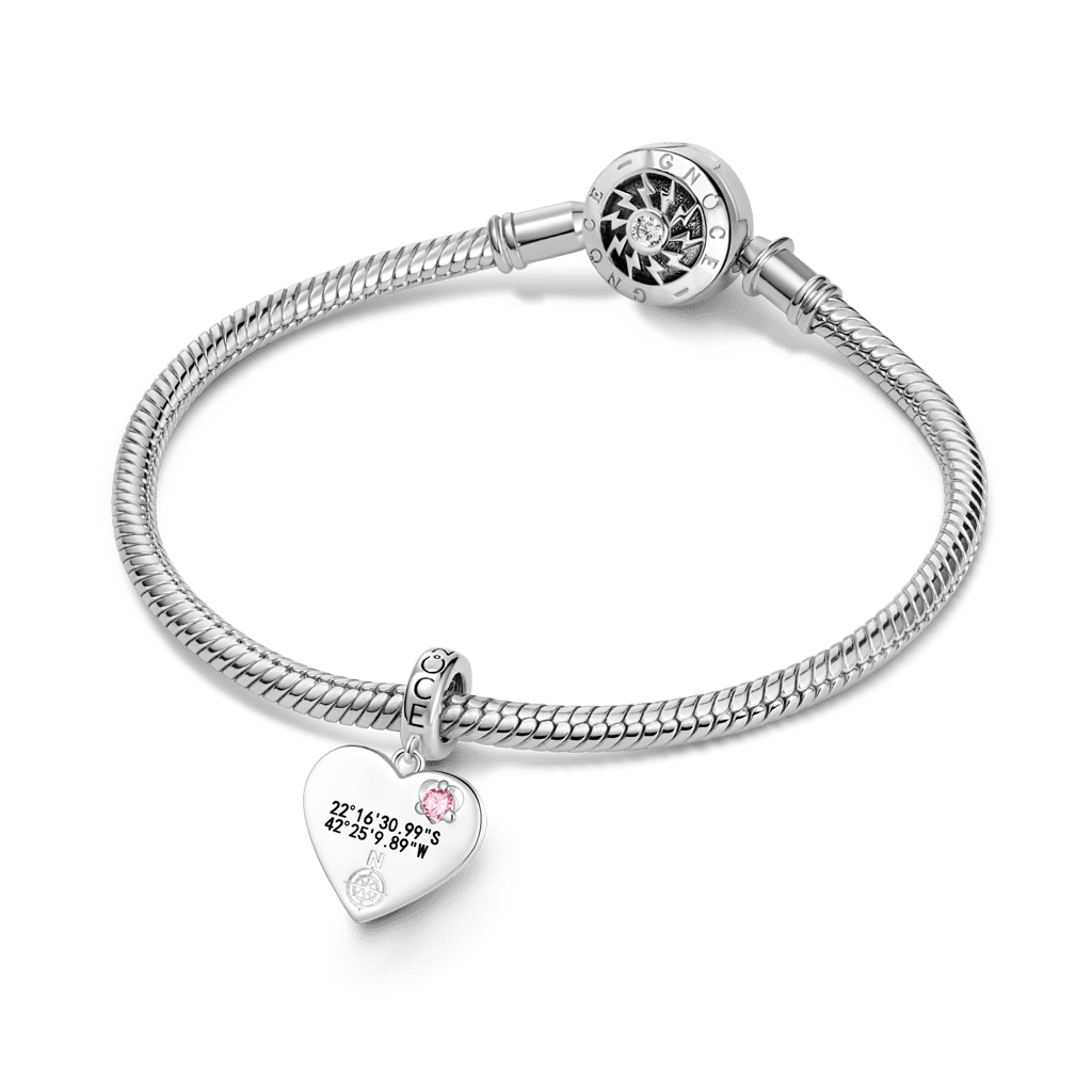 Gnoce  Heart GPS Coordinate Engravable Charm Platinum-plated Silver Blend