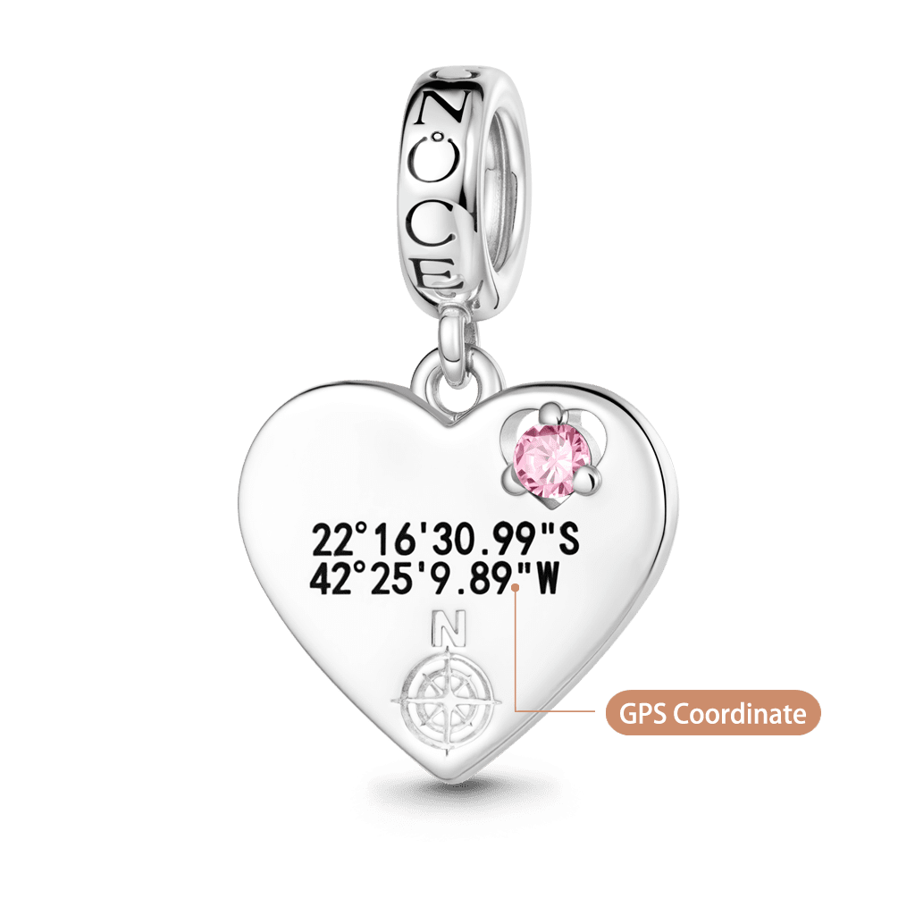 Gnoce  Heart GPS Coordinate Engravable Charm Platinum-plated Silver Blend