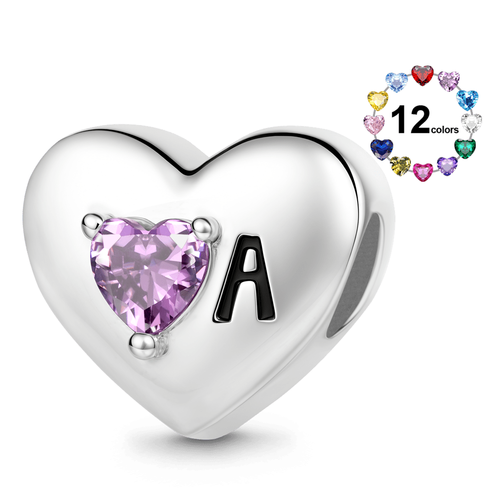 Gnoce  Heart Customized Initial Birthstone Charm Platinum-plated Silver Blend