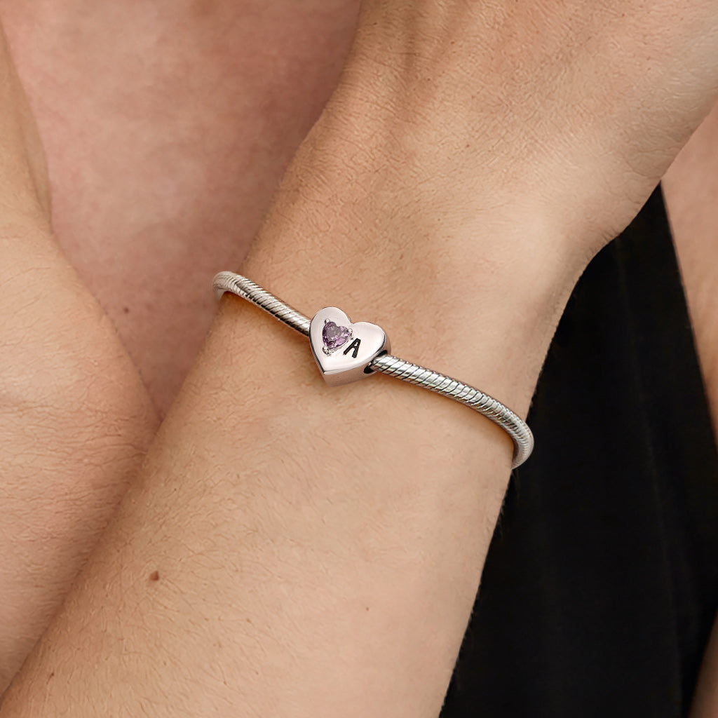 Gnoce  Heart Customized Initial Birthstone Charm Platinum-plated Silver Blend