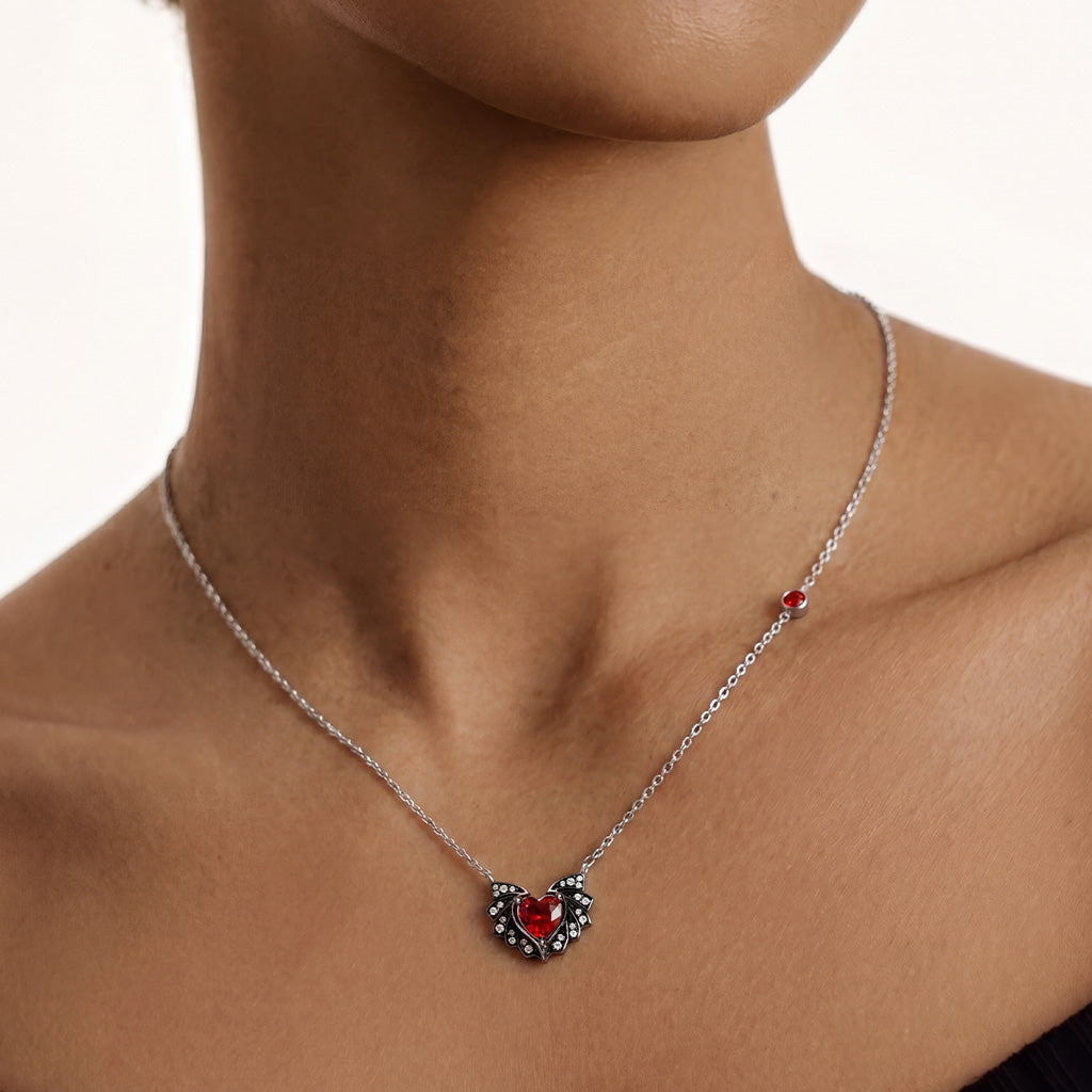 Gnoce  Bat Wings & Heart Necklace Platinum-plated Silver Blend