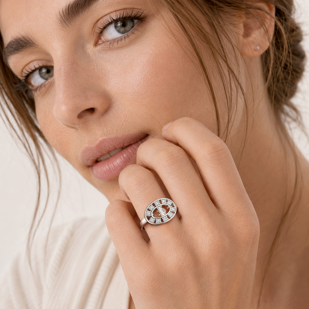 Gnoce  Oval Baguette & Round Cut Engagement Ring Platinum-plated Silver Blend